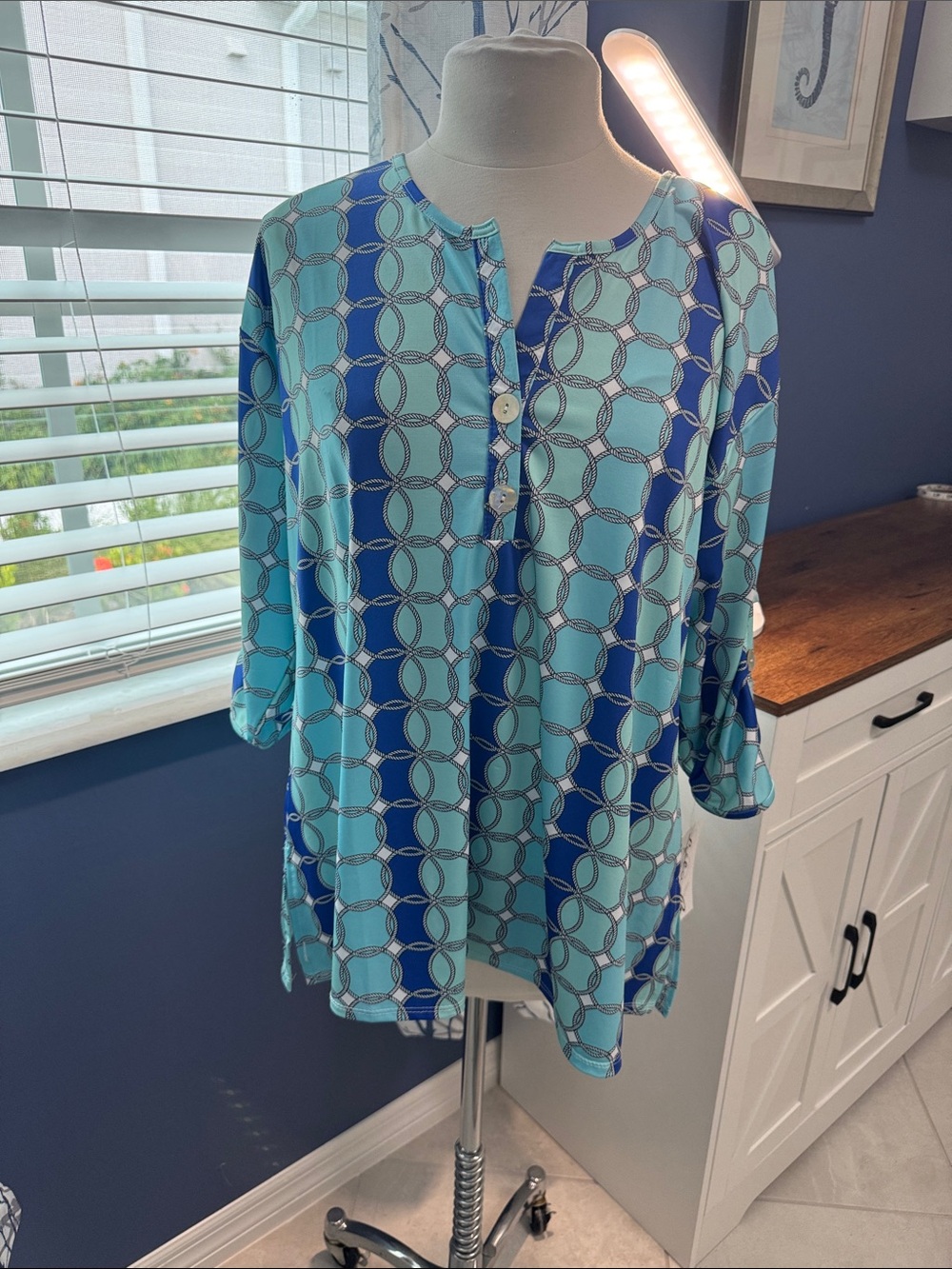 Lulu B- Blue Geometric Print Women’s Tunic Top - Lightweight Button Henley